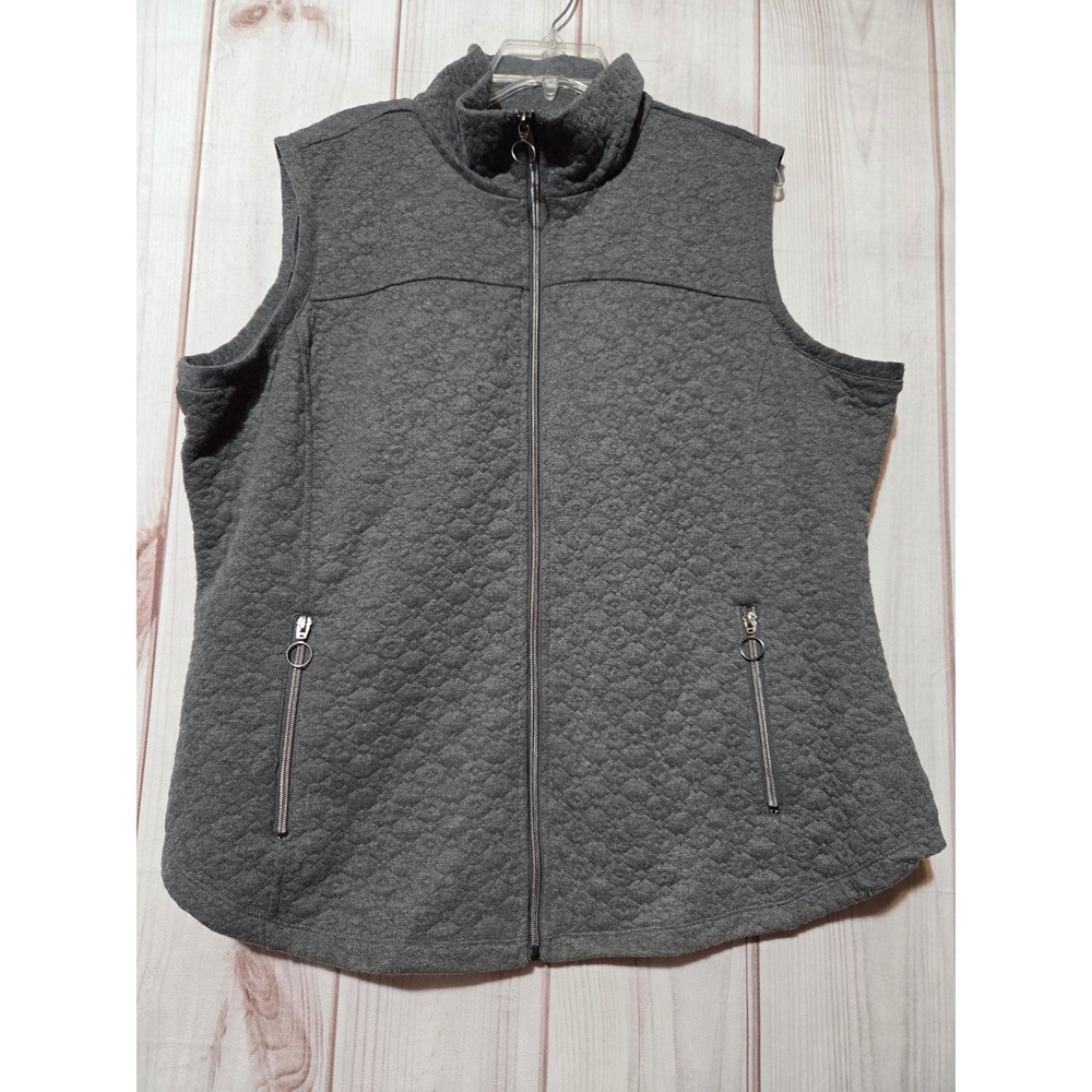 Ruby Rd Woman Gray Quilted Full Zip Vest Mock Neck Pockets Plus Size 2X